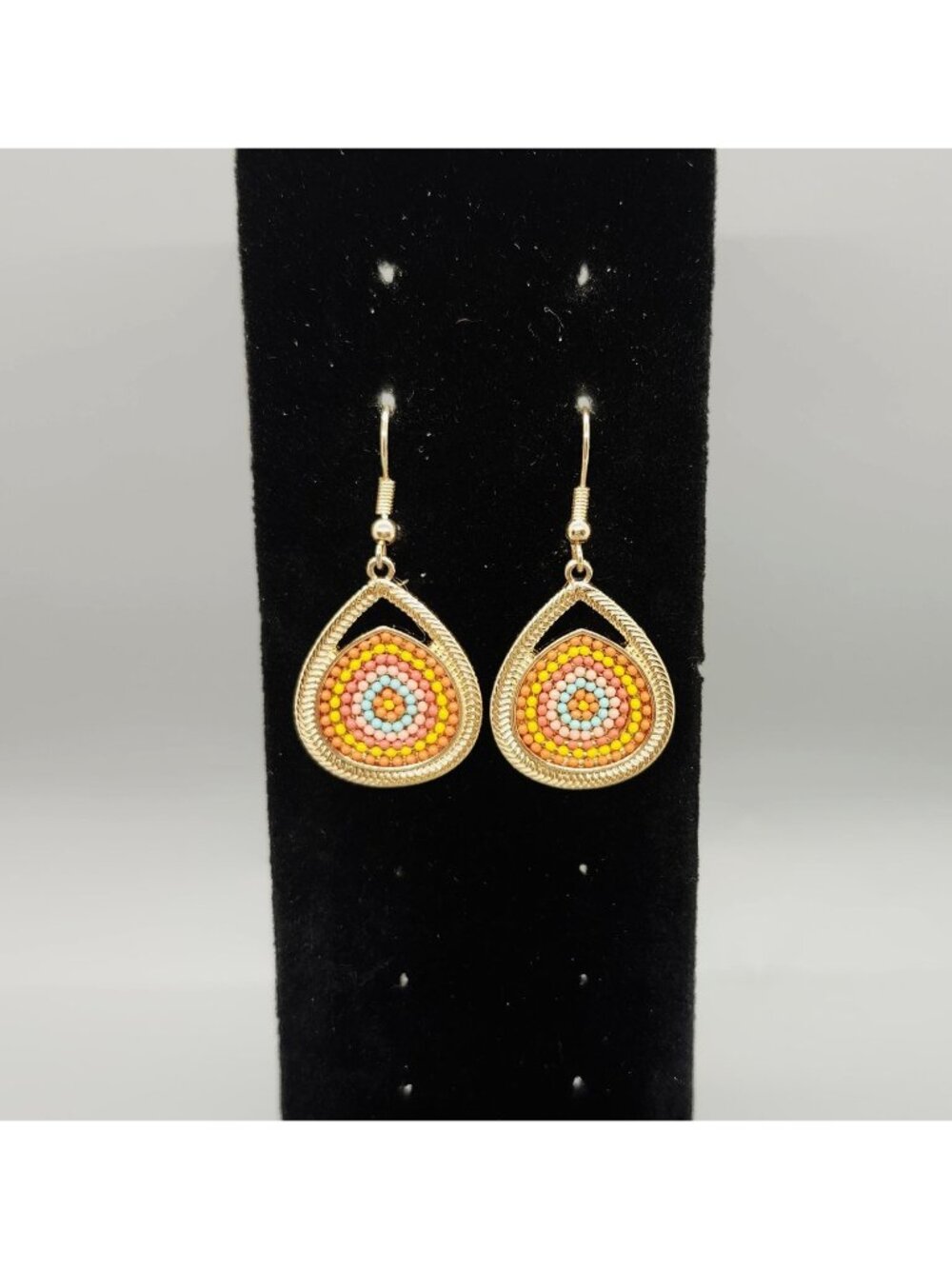 Gold Tone Teardrop Dangle Earrings 1.75" L Mosaic Beaded Colorful Fashion